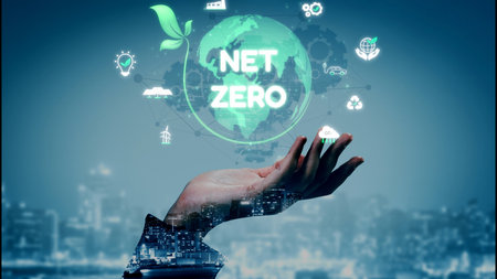 Net zero and sustainability concepts with environmental balance, digital sustainability icons, green energy goals, and eco-conscious digital business transformation for the future. Muxerの写真素材