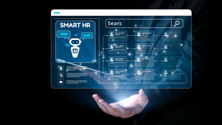 This image showcases a futuristic interface of smart HR technology featuring an AI robot and dynamic user information, symbolizing innovation in human resources management. Qubitの写真素材