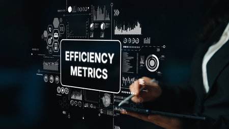 Businesswoman Analyzing Efficiency Metrics on Digital Interface with Data Visualizations and Graphs...