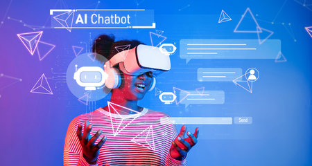 A woman wearing a VR headset interacts with an AI chatbot, surrounded by vibrant graphics. The...