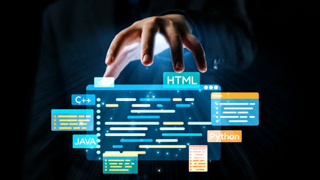 A hand reaches out to interact with a vibrant digital interface showcasing various programming...