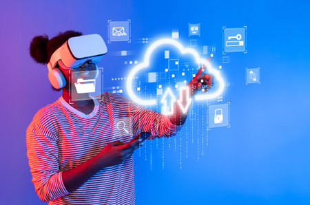 A young woman engages with virtual reality technology, interacting with cloud computing graphics in...