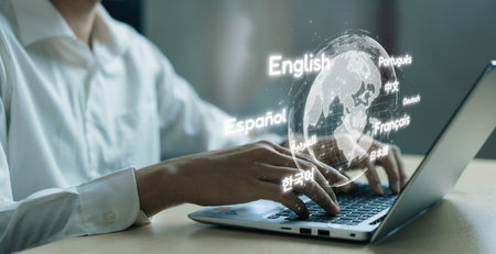 Global communication with multiple languages. Digital virtual reality globe with online languages study, skills interpreter lesson and practice capabilities in connected vr world. EIDEの写真素材