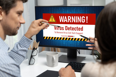 Virus warning alert on computer screen detected brisk cyber threat , hacker, computer virus and...