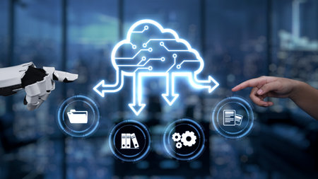 A futuristic representation illustrating the collaboration between human and machine in cloud...