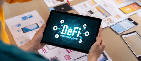 Decentralized finance or DeFi concept on brisk computer screen . The defi system give new choice of investment and money saving .の写真素材