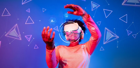 This image captures a person immersed in virtual reality, exploring the impact of artificial intelligence and automation on digital marketing strategies in a futuristic setting.の写真素材