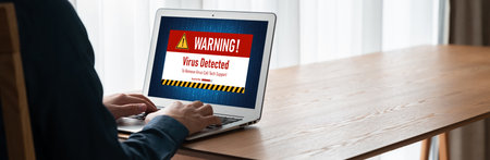 Virus warning alert on computer screen detected modish cyber threat , hacker, computer virus and malwareの写真素材