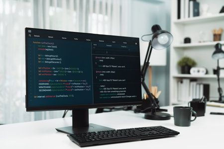 Programming code on computer screen desktop placing on working desk showing intelligent website development coder system running database online with information technology design concept. Infobahn.の写真素材