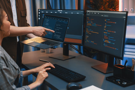 Serious of IT developers discussing intelligent website development coder system running data online...