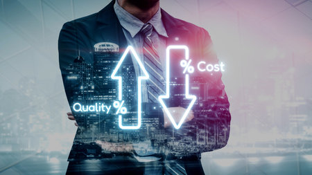 Business concept showing cost reduction and quality increase using Lean, Six Sigma, and Total Quality Management (TQM) to enhance efficiency, value, and customer satisfaction. Muxerの写真素材