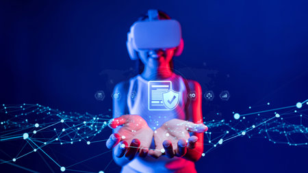 A person wearing a virtual reality headset, showcasing hands open with holographic elements, representing compliance, quality assurance, and digital innovation in technology.の写真素材
