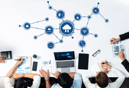 Visualize a collaborative workspace where professionals engage in digital strategy discussions,...