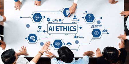 Explore the intricate landscape of AI ethics, emphasizing safety, privacy, legality, and proper deployment in technology, guiding responsible innovation and decision-making.の写真素材