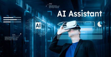Businessman with headset standing at data center while using AI assistance. Project manager looking...