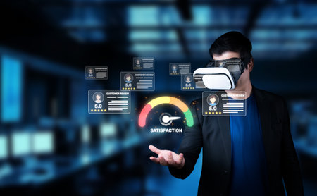 This image captures a user engaging with virtual reality technology to analyze customer satisfaction...