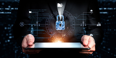 Business person explore the core of cyber security. Delve into cyber protection methods, cyber threats, and bolster cyber security stance. Essential for navigating the cyber security age EIDEの写真素材