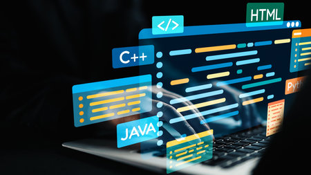 A digital representation of a programmer working on a laptop with various colorful coding languages displayed. The dark backdrop highlights the bright interfaces and coding elements.の写真素材