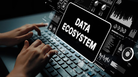 Hands Typing on Keyboard with Digital Interface Displaying Data Ecosystem Concept in a Modern Workspace. Asymptotic smart data analytic.の写真素材