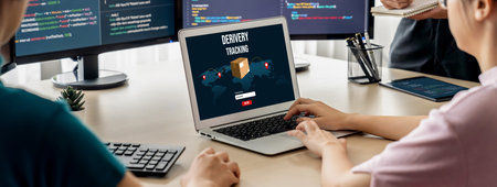 Delivery tracking system for e-commerce and brisk online business to timely goods transportation and deliveryの写真素材