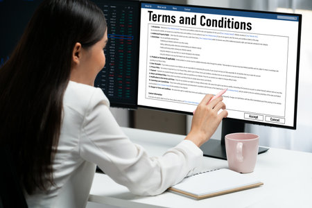 Digital legal contract provide terms and conditions document on computer screen ready for online digital signature for deal agreement of future business briskの写真素材