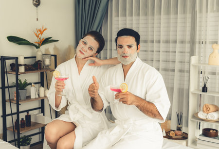 Serene modern daylight ambiance of spa salon, couple customer indulges in rejuvenating with facial...