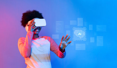 A young person joyfully experiences generative AI using virtual reality, showcasing the intersection...