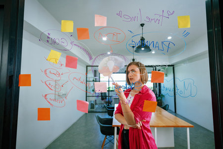 Closeup of attractive smart caucasian businesswoman brainstorms and planing marketing idea by using...
