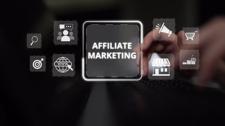 Affiliate marketing connects brands and marketers. Marketing through affiliate links drives sales. Affiliate programs reward. Digital marketing and affiliate strategies boost online revenue. Muxerの写真素材