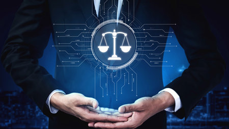 Futuristic digital law interface displaying justice scale, highlighting digital law, AI compliance,...