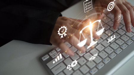 Futuristic digital law interface displaying justice scale, highlighting digital law, AI compliance,...