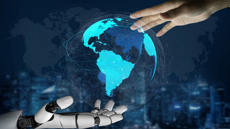 AI supports global data exchange with intelligent infrastructure, virtual assistant visualizations, and artificial intelligence tools for network connectivity analysis. Thunkの写真素材