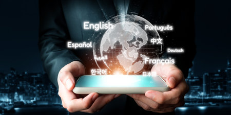 Global communication with multiple languages. Digital virtual reality globe with online languages study, skills interpreter lesson and practice capabilities in connected vr world. EIDEの写真素材