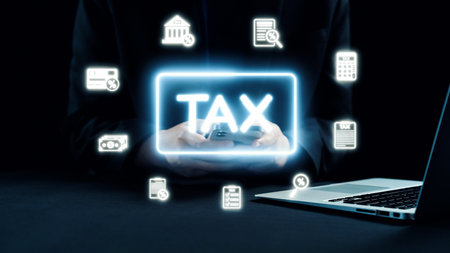 Modern Tax Management Concept with Digital Tax Symbols and Financial Icons Surrounding a Person Using Smartphone and Laptop in a Dark Environment. Qubitの写真素材