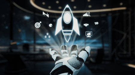 A futuristic robot hand extends toward glowing rocket icons, representing innovation and ambition. Holographic graphics enhance the high-tech workspace ambiance.の写真素材