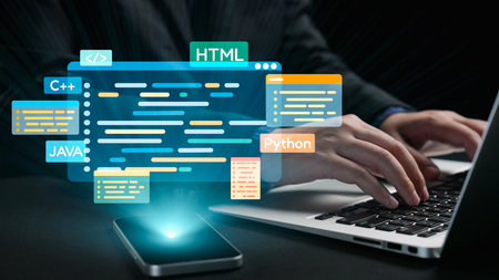 Person Typing on Laptop with Floating Code Symbols in Various Programming Languages Representing Technology and Software Development Concepts.の写真素材