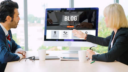 blogging concept, web blog Social Media Information network snugly. social media online content, freelance worker, working online, content creator, blogger, website, reading blog online on computerの写真素材