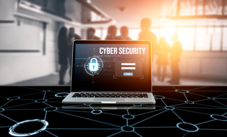 Cyber security system on computer screen protect private information snugly from hacker and cyber...