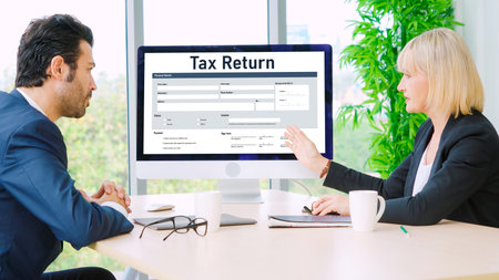 Online tax return form for submitting individual income tax return form snugly on the internet website. Government web for tax payment and return. Taxation technology concept.の写真素材