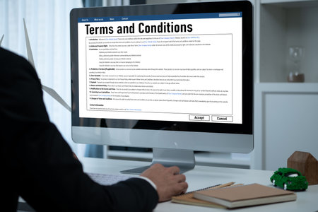 Digital legal contract provide terms and conditions document on computer screen ready for online...