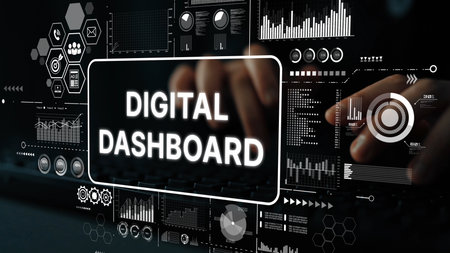 Modern Digital Dashboard Interface with Interactive Data Visualizations and User Engagement Elements for Business Analytics. Asymptotic smart data analytic.の写真素材