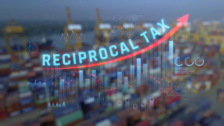 Rising Trends in Reciprocal Tax and Tariff Impacts on Global Trade and Shipping Industry with Cargo Containers in Background. Consignment.の写真素材