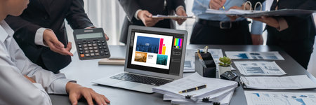 Graphic designer software for modern design of web page and commercial brisk ads showing on the computer screenの写真素材