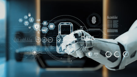 A futuristic robotic hand engages with a digital interface symbolizing data protection and cybersecurity, reflecting innovation and technology in modern environments.の写真素材