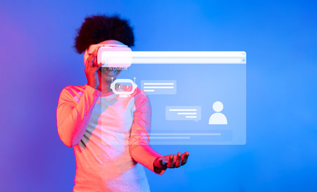 A young woman engages with a virtual chatbot interface, illustrating innovative applications of generative AI and machine learning in personal assistant technology.の写真素材