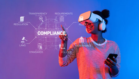 A young woman interacts with a virtual reality headset, exploring compliance concepts through engaging digital graphics. The scene symbolizes business innovation and education.の写真素材