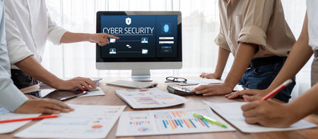Cyber security system on computer screen protect private information brisk from hacker and cyber...