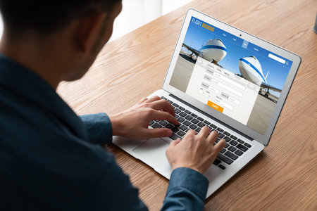Online flight booking website provide modish reservation system . Travel technology concept .の写真素材