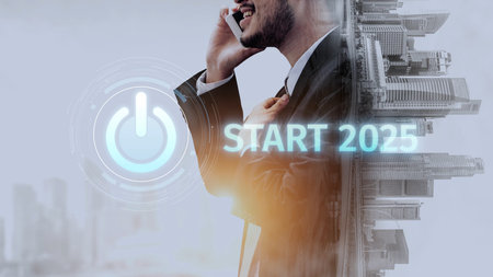 Start 2025 concept with futuristic power button symbolizing fresh beginnings, innovation, and digital transformation. Start 2025, new goals, and start 2025 initiative. Muxerの写真素材