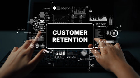 Customer Retention Strategies and Data Analysis with Hands Typing on Laptop in Dark Environment. Asymptotic smart data analytic.の写真素材